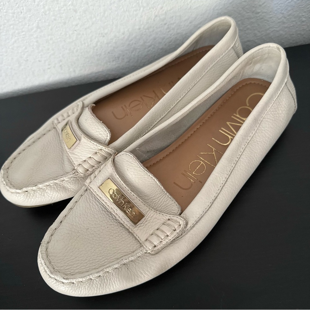 Calvin Klein Leta Cream Leather Flats Loafers Moccasin